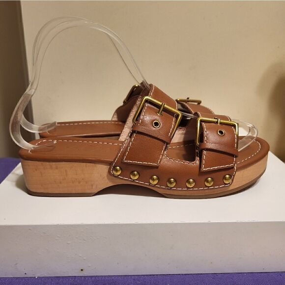 J. Crew Cognac Leather Double Strap/Buckle Wood Sole Sandals Sz.6 MSRP $188 - Picture 3 of 8